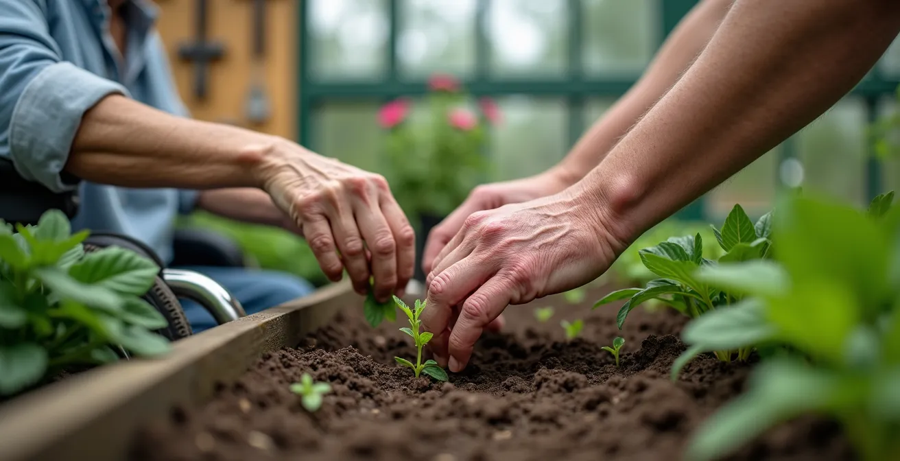 Senior en fauteuil roulant guidant des jeunes dans un jardin surélevé accessible
