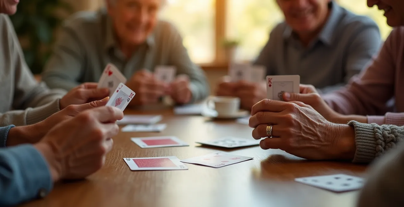 Mains de seniors manipulant des cartes à jouer lors d'une partie de bridge