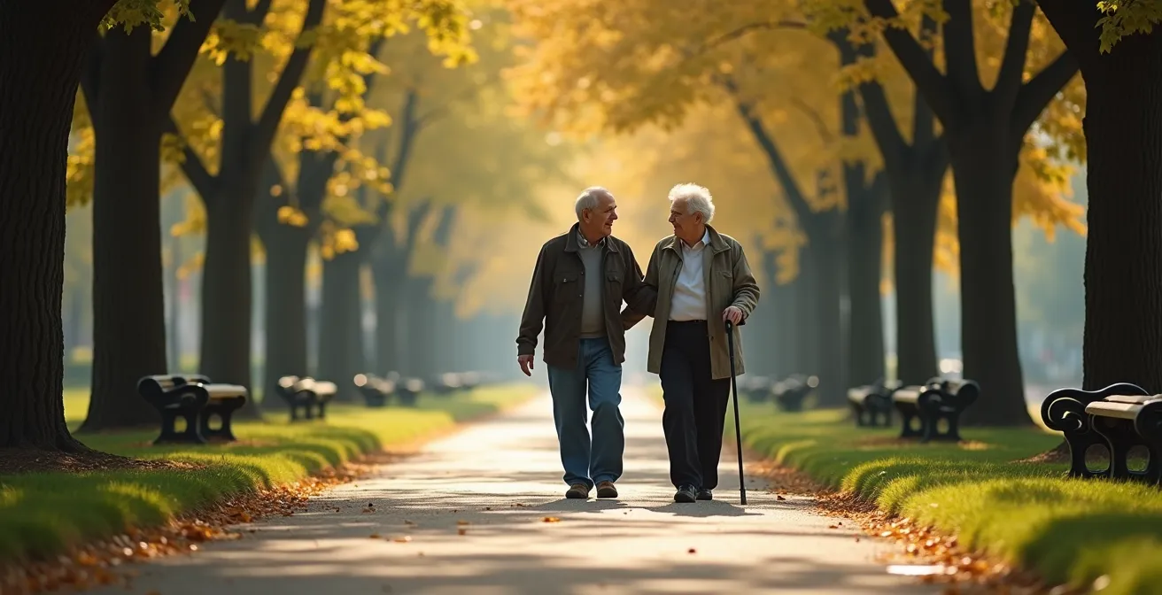 Deux seniors marchant ensemble dans un parc urbain avec des arbres