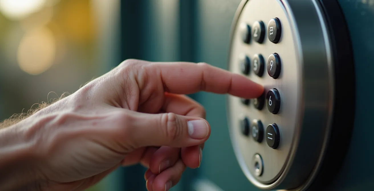 Gros plan sur une main de personne âgée composant un code sur un clavier de serrure connectée moderne