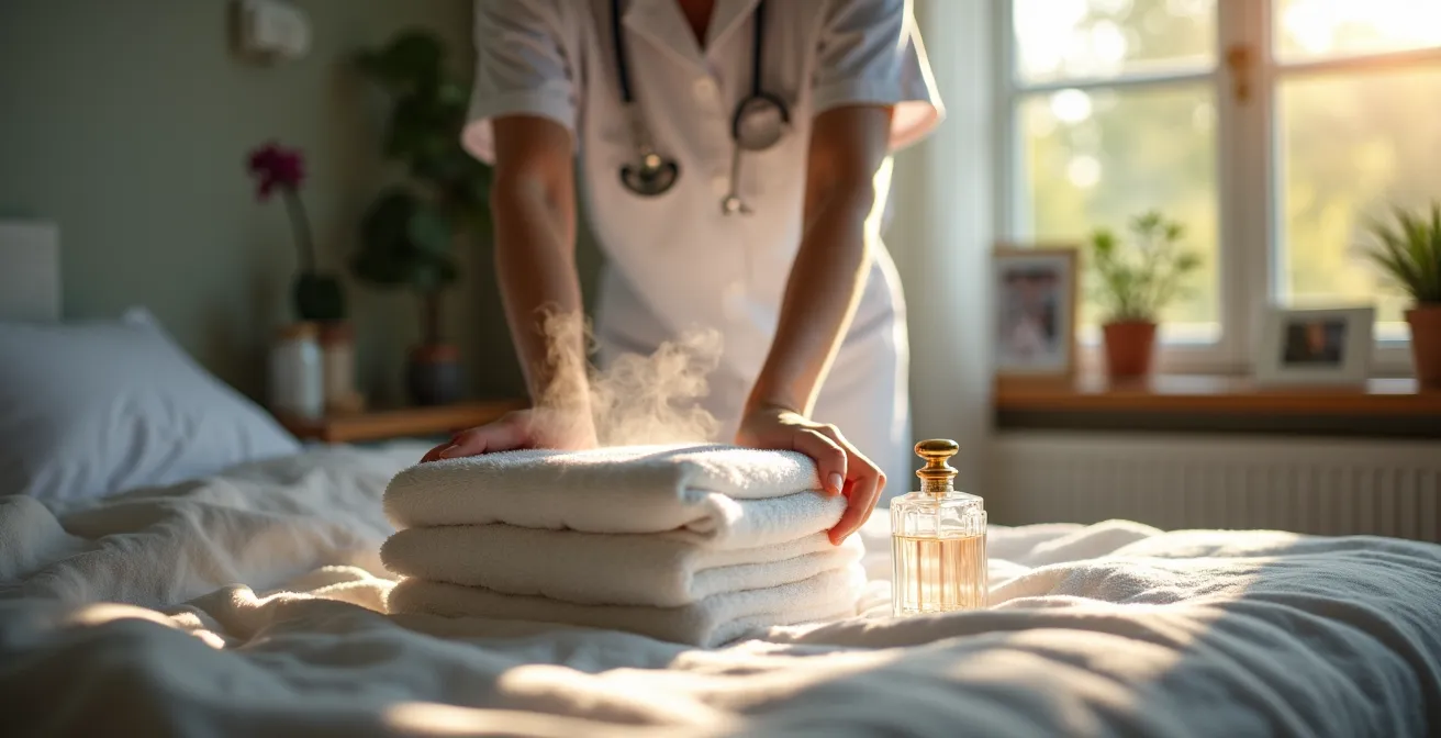 Aide-soignante préparant avec bienveillance des serviettes chaudes pour les soins