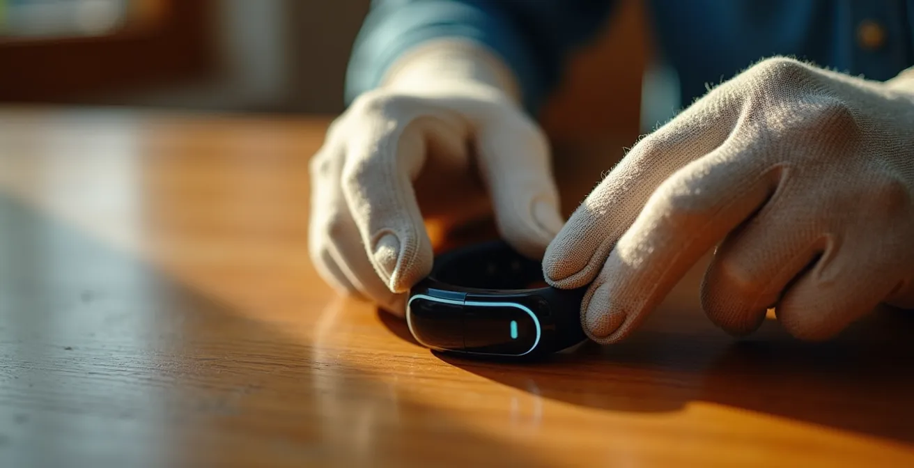 Gros plan sur des mains portant des gants de jardinage épais testant un bracelet de téléassistance