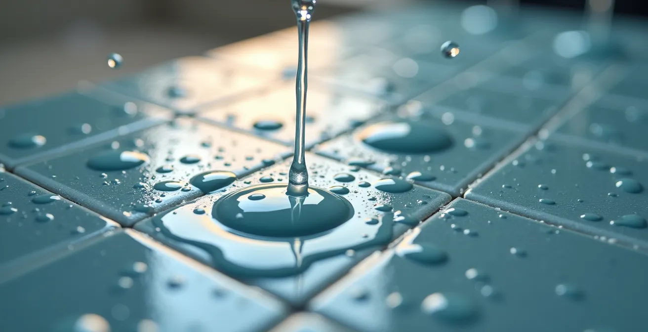 Démonstration visuelle du test d'angle d'inclinaison sur carrelage mouillé