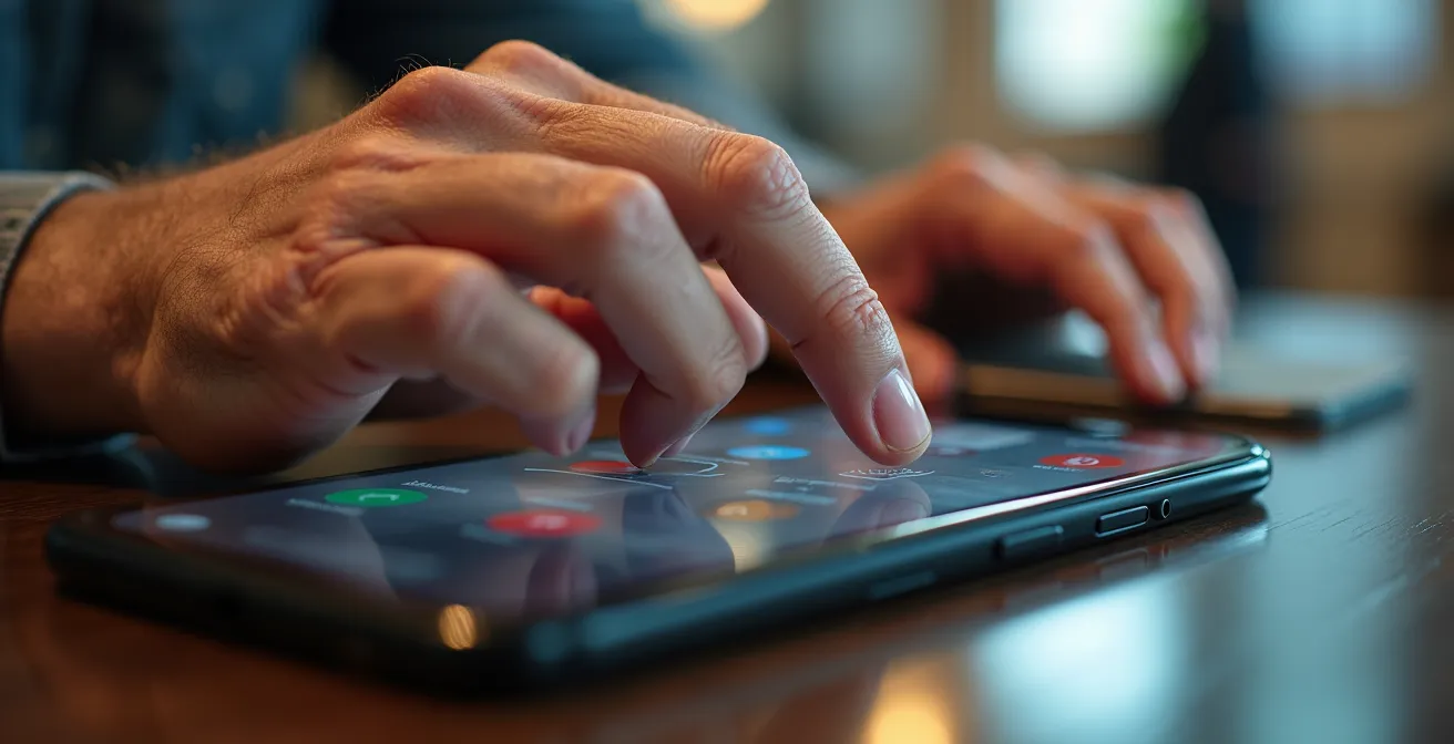 Main de personne âgée manipulant un téléphone avec interface simplifiée dans un magasin