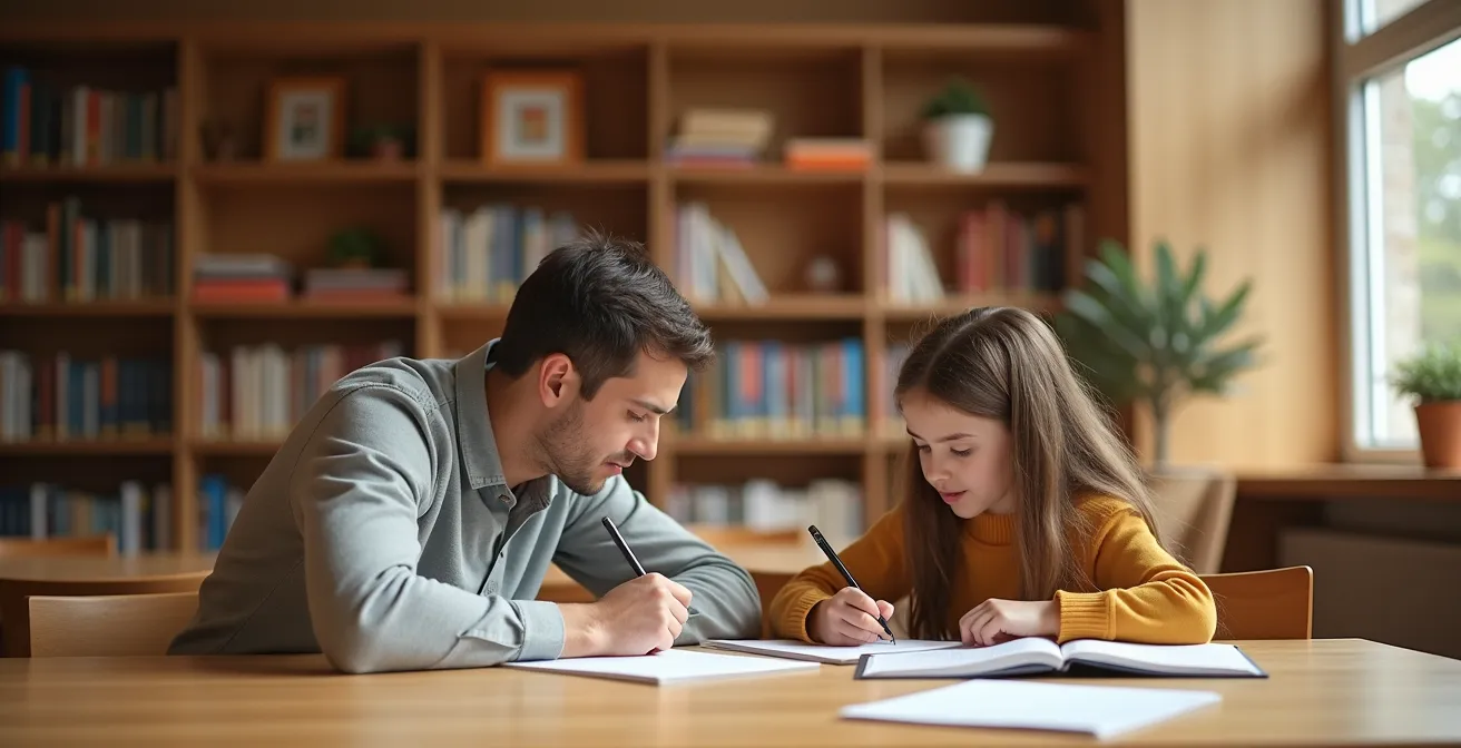 Senior guidant un enfant dans ses devoirs dans une bibliothèque chaleureuse