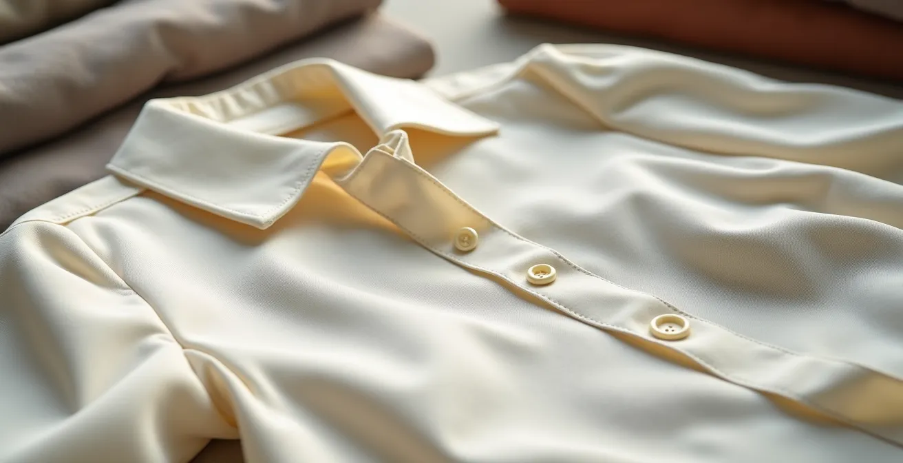 Chemisier élégant avec fermetures magnétiques discrètes posé sur un lit, montrant les détails techniques sans perdre l'aspect mode