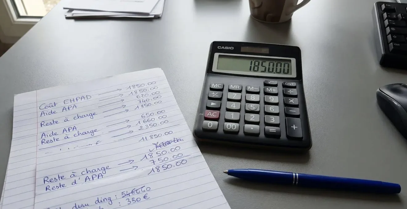 Calculatrice posée sur une feuille blanche avec des notes budgétaires manuscrites, éclairée par une lumière naturelle latérale, détails nets et réalistes