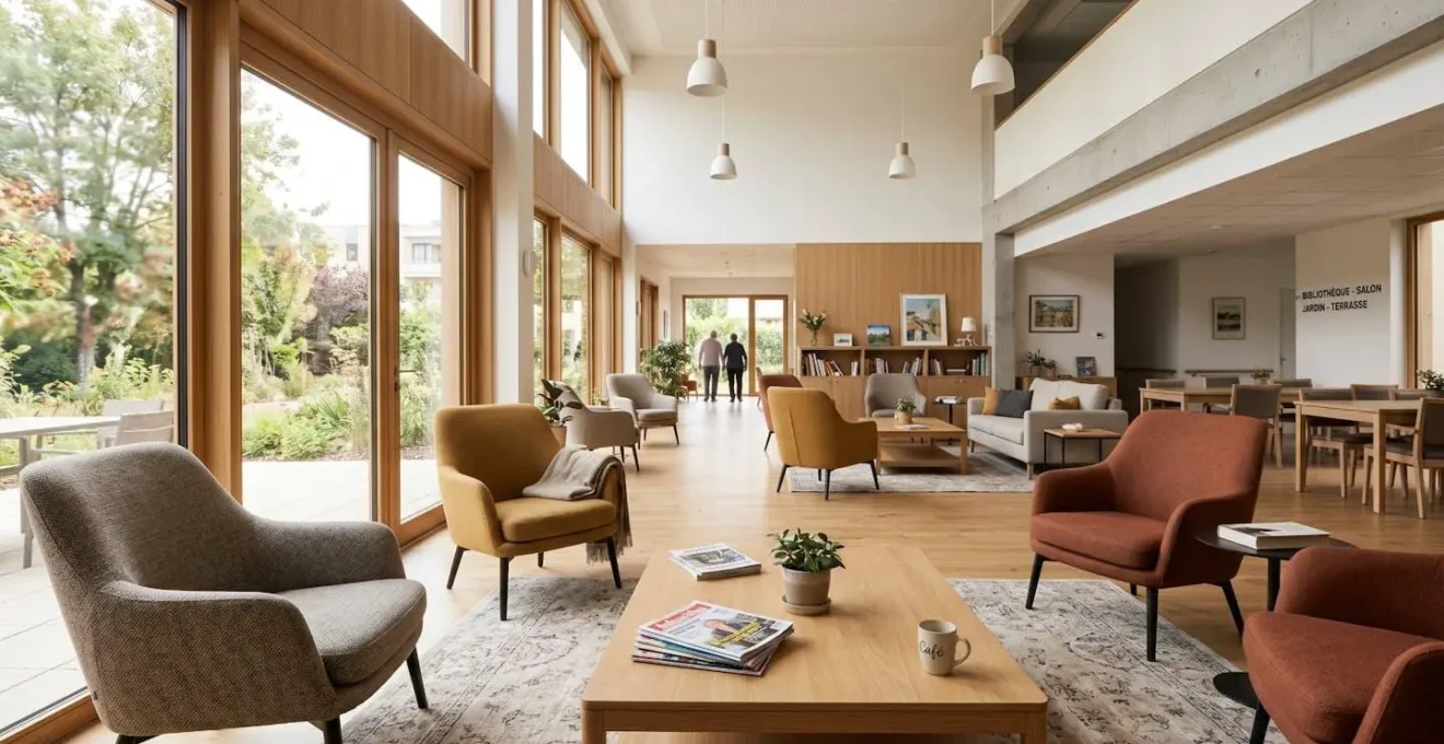 Espace commun lumineux d'une résidence senior contemporaine avec fauteuils confortables et larges baies vitrées laissant entrer la lumière naturelle, ambiance chaleureuse et accueillante