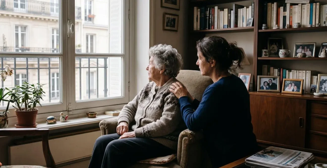 Une personne âgée assise dans son salon lumineux, accompagnée de sa fille adulte posant une main rassurante sur son épaule, toutes deux vues de profil dans un moment de réflexion calme