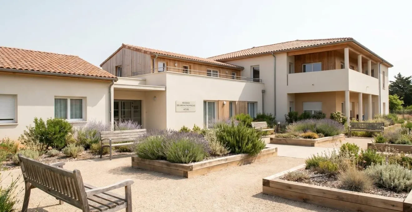 Extérieur d'une résidence pour seniors moderne avec jardin accessible, allées adaptées et bancs, sous une lumière naturelle du sud de la France