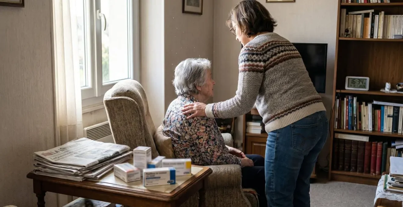 Une femme d'âge mûr pose sa main sur l'épaule de sa mère âgée assise dans un fauteuil, dans un salon familier éclairé par la lumière naturelle d'une fenêtre