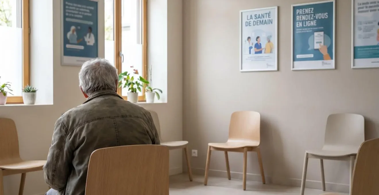 Une personne âgée de dos assise dans une salle d'attente médicale moderne aux murs clairs, dans une atmosphère calme et lumineuse