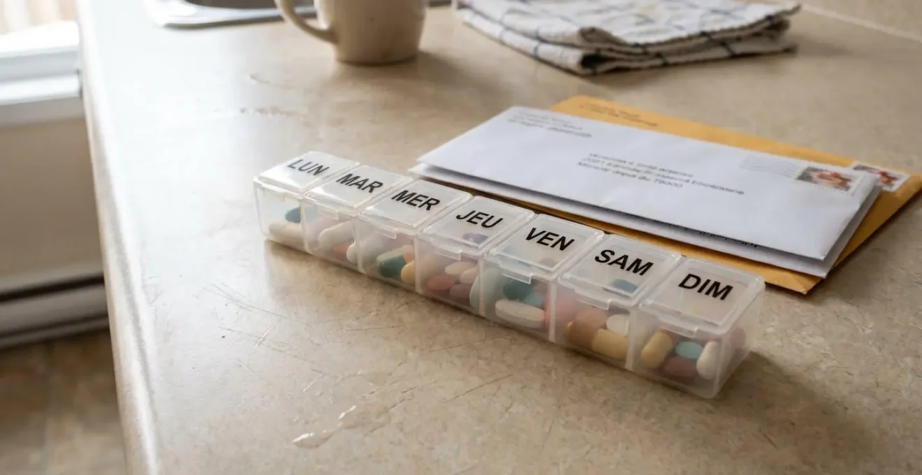 Un pilulier hebdomadaire posé sur un plan de travail de cuisine à côté d'enveloppes de courrier administratif non ouvertes, éclairé par la lumière naturelle