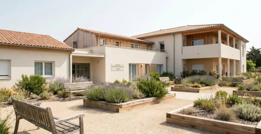 Extérieur d'une résidence pour seniors moderne avec jardin accessible, allées adaptées et bancs, sous une lumière naturelle du sud de la France