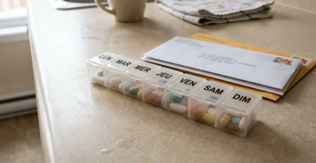 Un pilulier hebdomadaire posé sur un plan de travail de cuisine à côté d'enveloppes de courrier administratif non ouvertes, éclairé par la lumière naturelle